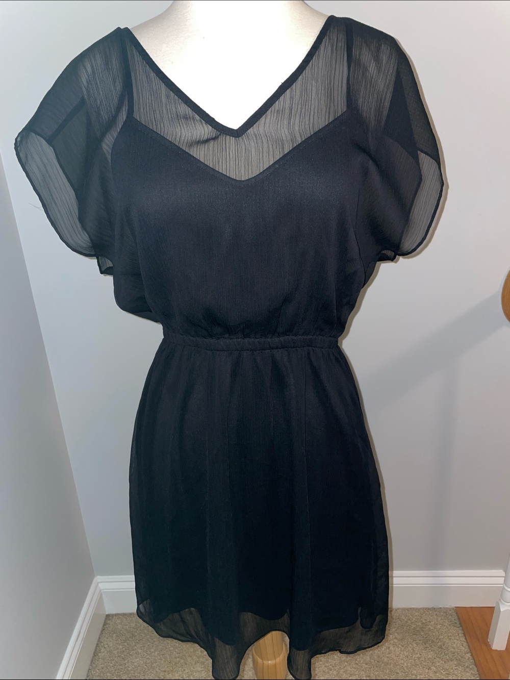 Express Black Mini Dress with Sheer V-Neck